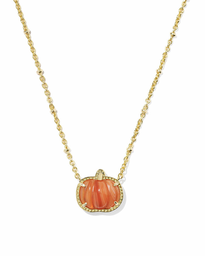 Kendra Scott Pumpkin Gold Short Pendant Necklace in Orange Banded Agate Pumpkin Necklace | Gold Fall &amp; Halloween Pendant Necklaces
