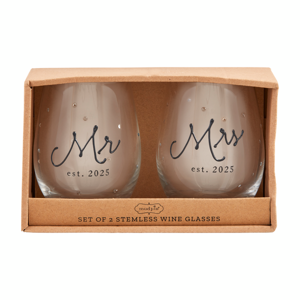 Mr & Mrs Est 2025 Stemless Glass Set